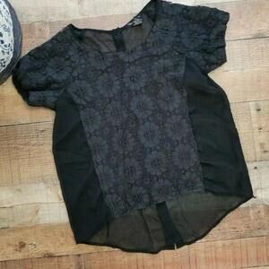 Michael Brandon Shirt Medium Black Sheer Buttons Lace high low
